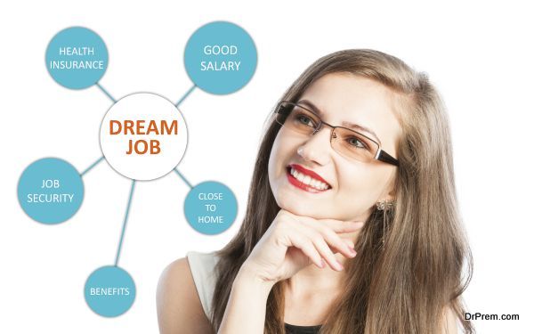 Dream job with benefits list and a young woman thinking at health insurance, good salary and job security