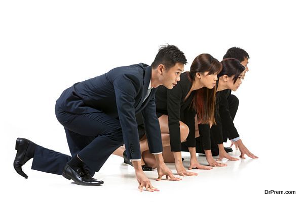 Chinese business team ready to start a race.