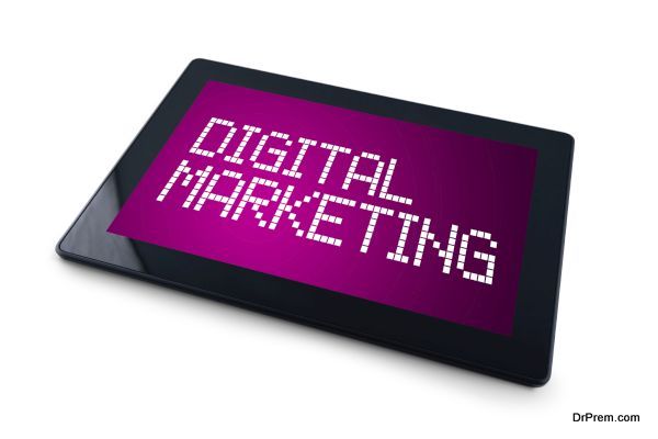 Digital Marketing on Generic Tablet computer display overwhite background.