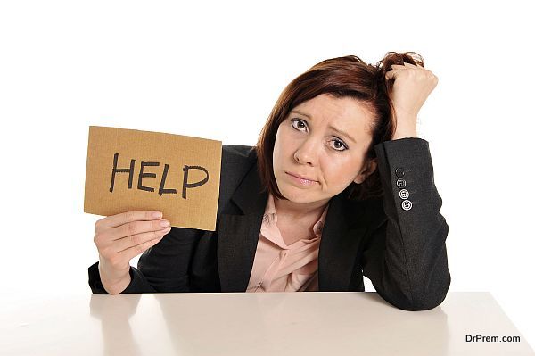 sad business red haired woman in stress at work asking for help isolated on white background