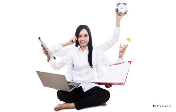 Businesswoman multitasking isolated