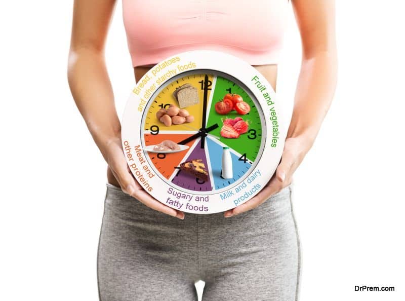 Beautiful, young woman holding a clock with food chart/eating schedule