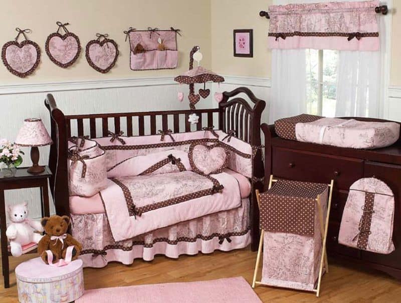 French Pink Brown Toile Baby Bedding