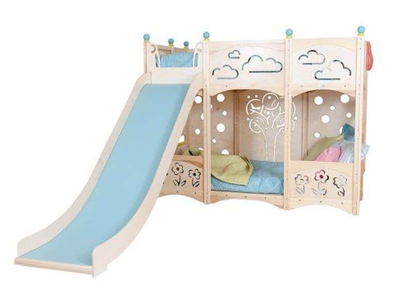 Rhapsody bed 5 Manufacturer: Cedar Works This bed has two built in ladders along with 45" deck slide that will allow them to have lots of fun time in the comforts of their bedroom. The best thing is that you can always get it customized to include designs and color schemes that your daughters love. The general bed is 87" wide and 119" deep and has flowers, bubbles, trees, clouds, handles and slides that will keep your girls safe and happy. Buy at: Cedarworks