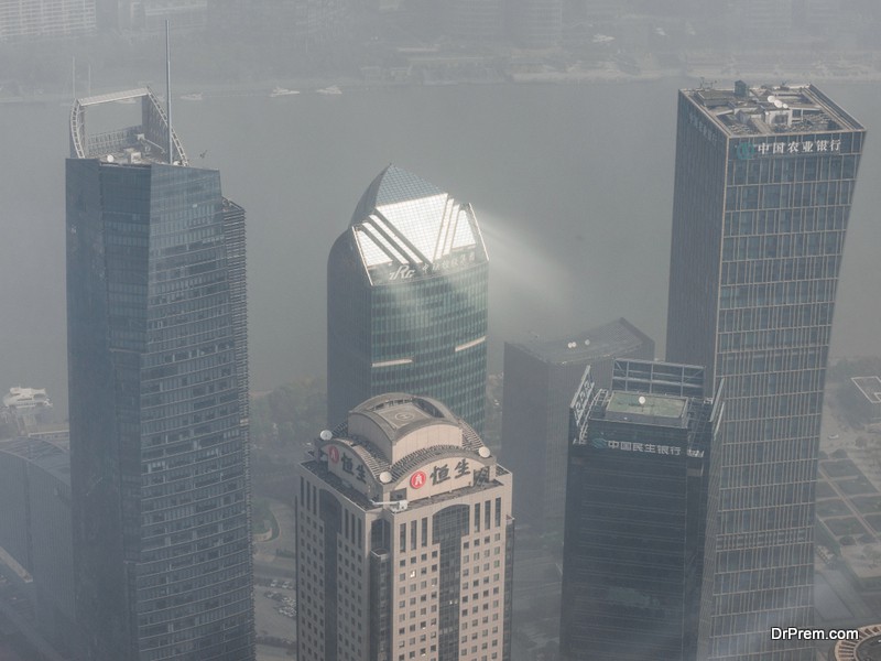 Lujiazui modern offices in heavy polluted air, Shanghai, China.