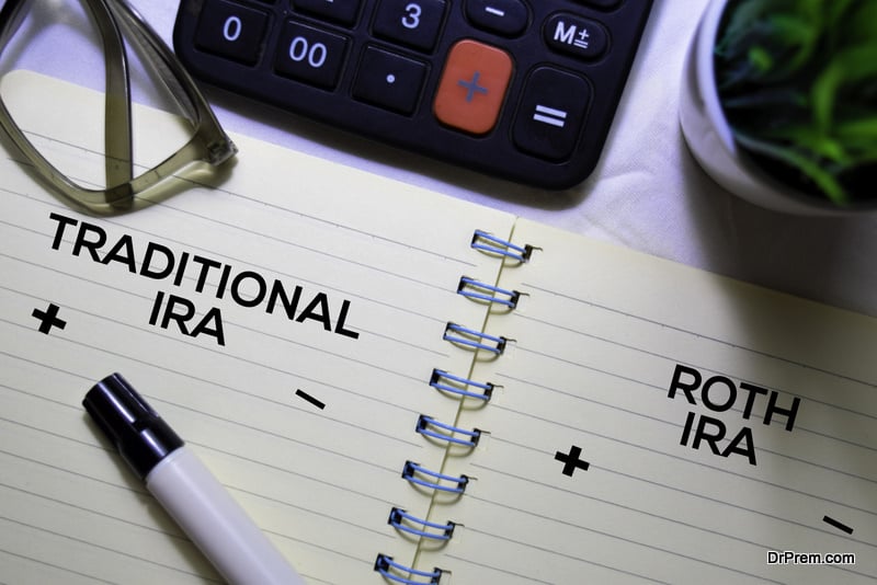Traditional IRA and Roth IRA text on a book isolated on office desk.
