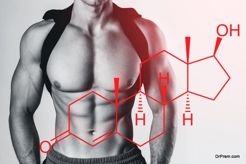 Muscular male torso and testosterone formula. Concept of hormone increasing methods.