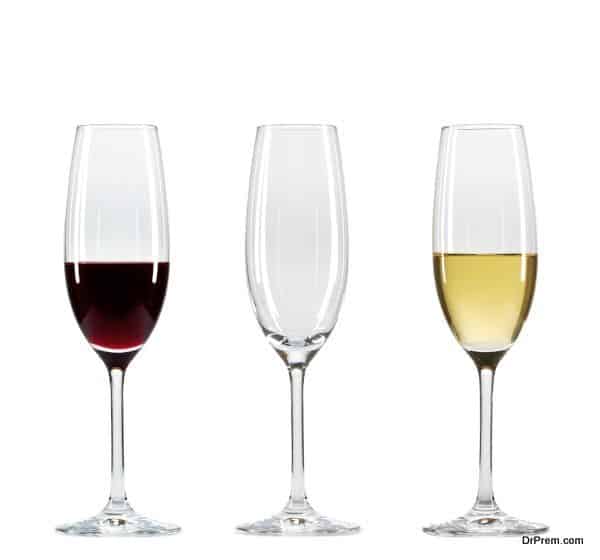 Set of three wine glasses with different types of wine