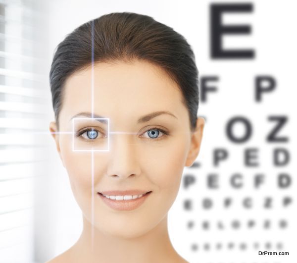 future technology, medicine and vision concept - woman and eye chart