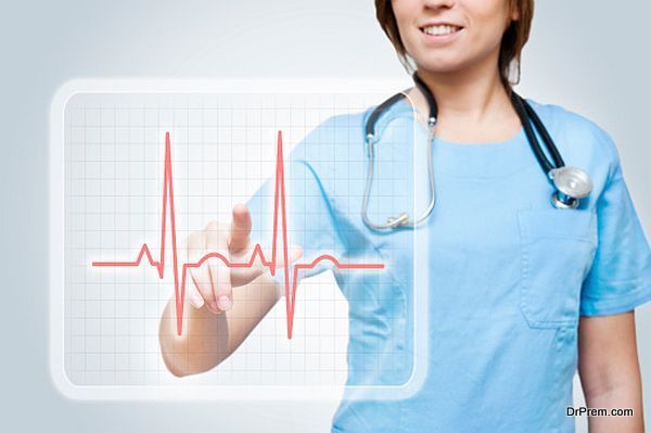 Female doctor holding pulse diagram (Click for more)