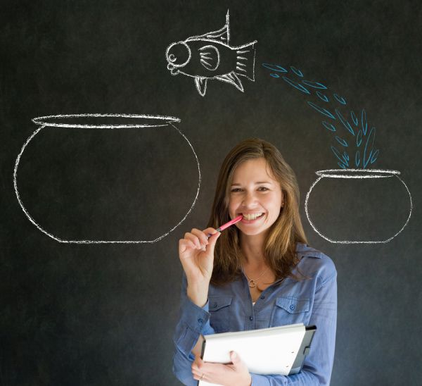 Woman with jumping fish small to big bowl