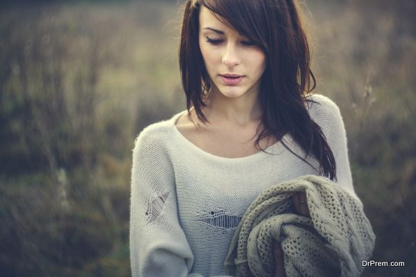 Beautiful girl freezing outdoor, autumn, cold, blue