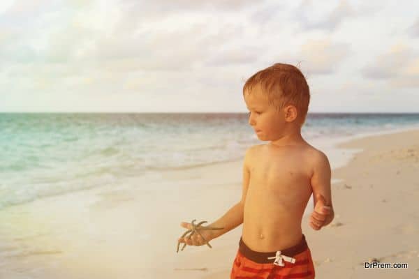 little boy holding starfish on sunset beach