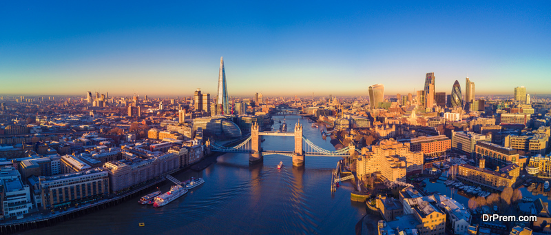 Aerial panoramic cityscape view of London and the River Thames, England, United Kingdom