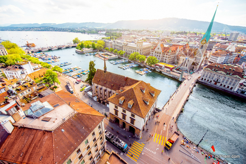 Aerial panoramic cityscape view on the old town of Zurich city in Switzerland