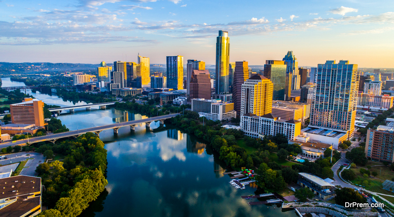 Sunrise Cityscape Austin Texas at Golden Hour Above Tranquil Lady Bird Lake 