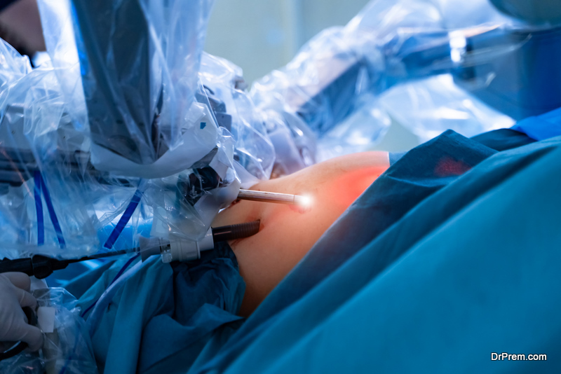 Surgical room in hospital with robotic technology equipment