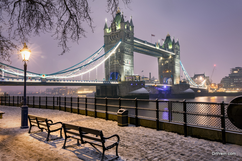 Tower Bridge of London on a cold winter night