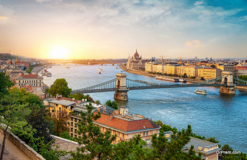 View of Budapest landmarks at beautiful sunset