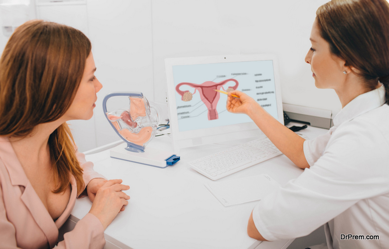 gynecologist communicates with her patient, pointing to the structure of the uterus, on her computer