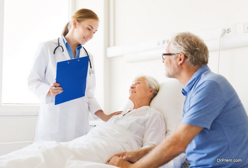  senior woman, man and doctor with clipboard at hospital ward