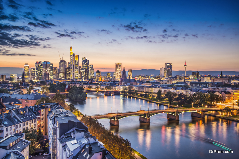 Ariel view of Frankfurt, Germany during twilight 