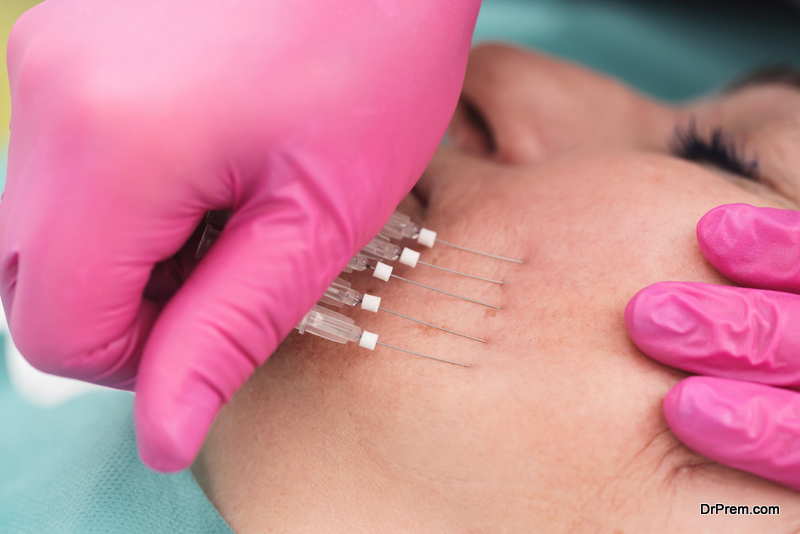 Closeup of five syringe treatment production of new collagen in the skin