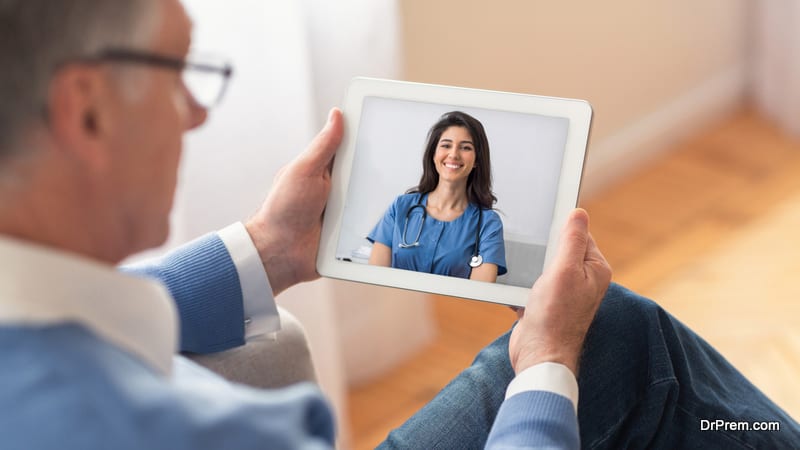 Elderly Man Having Video Call With Doctor, Using Digital Tablet At Home. Senior Male Getting Online Medical Consultation Via Web Conference With Therapist Lady, Creative Collage, Panorama