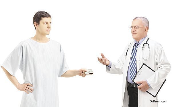 Male patient in hospital gown offering bribe to a medical doctor
