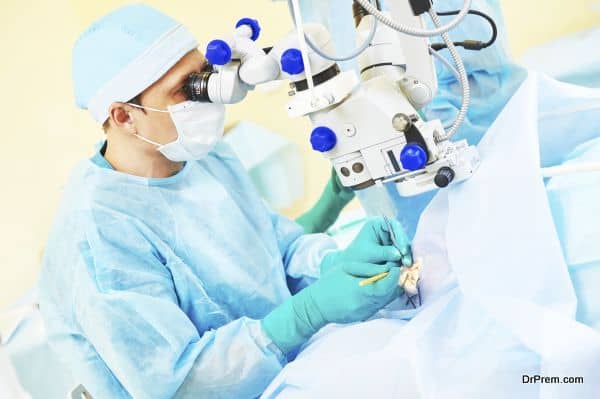 surgeon team in uniform in front of eye vision surgery operation room at medical clinic