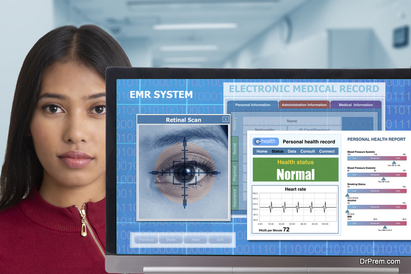 Female patient being retinal scanned to searching medical record and health information