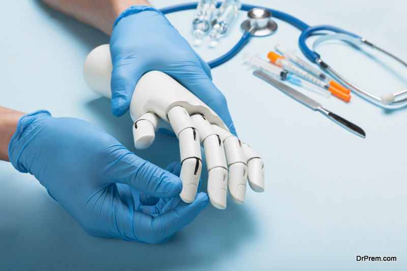 Prosthetics hands at doctor in clinic