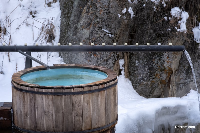Vat with hot geothermal water in Medeo gorge, Gorelnik hot springs, Almaty, Kazakhstan.
