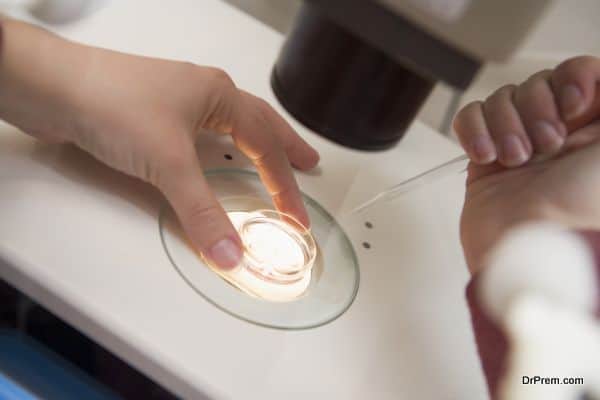 Embryologist adding sperm to egg in laboratory