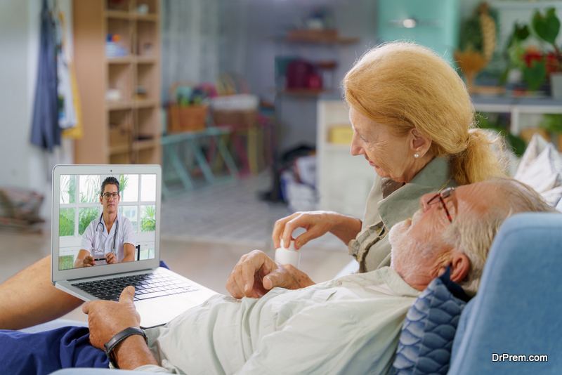  senior couple stay home and call medical doctor via telemedicine service 