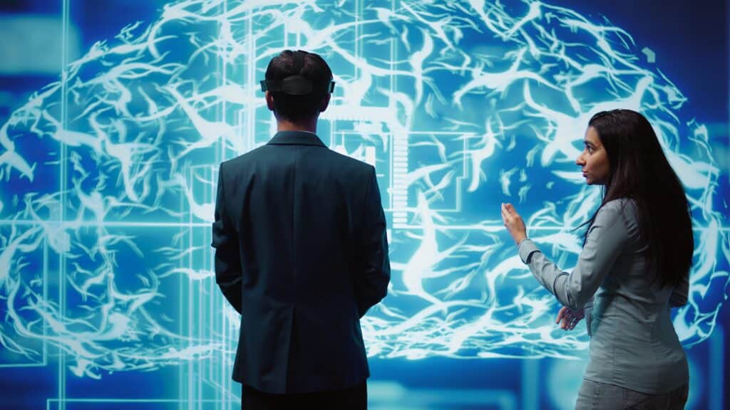 The Trust Triangle: Doctor, AI-Algorithm, or Community—Who Do Patients Follow? engineers use vr headset ar hologram looking ai neural networks