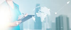 The Invisible Advantage: How AI-Driven Nations Will Dominate Medical & Wellness Tourism by 2030 digital composite doctor with white graph with flare against blurry background with light blue overlay