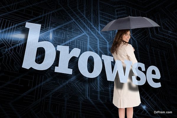 Businesswoman holding umbrella behind the word browse