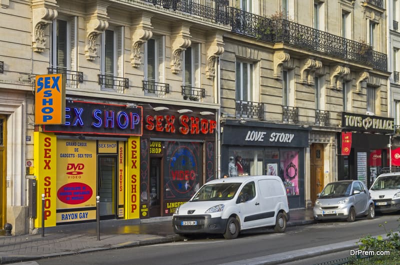 A variety of sex shops on Boulevard de Clichy. Quartier Pigal (red light district) in Paris, France