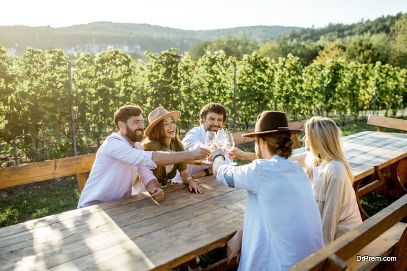 Friends drinking wine at the dining table on the vineyard