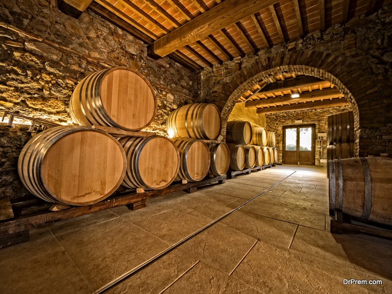 Oak wine barrels in cellar