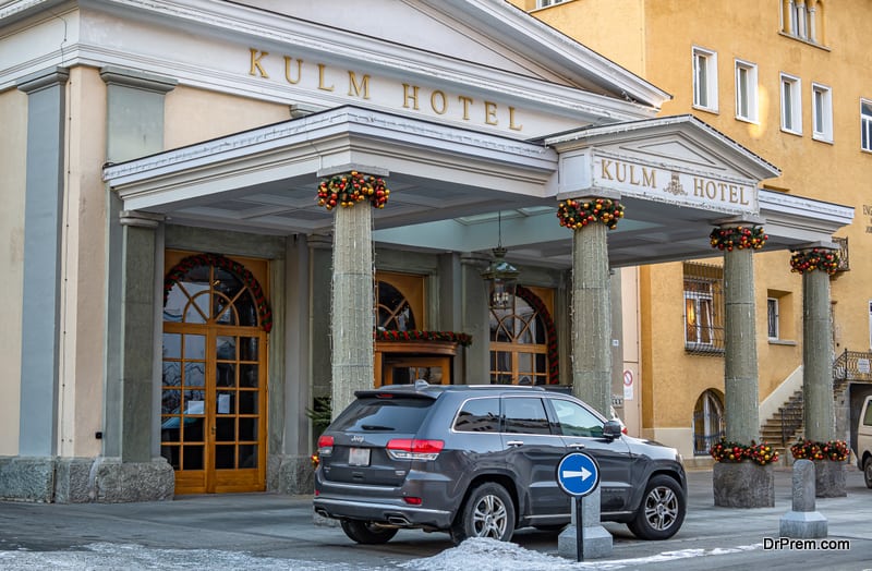Exterior of the entrance to the luxury Kulm hotel in St. Moritz, Switzerland