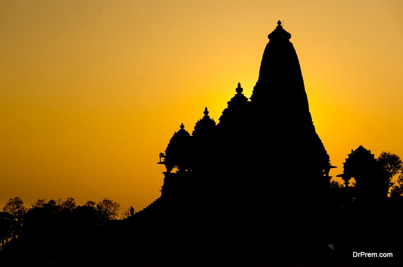 Evening silhouette of the temples in Khajurao, India