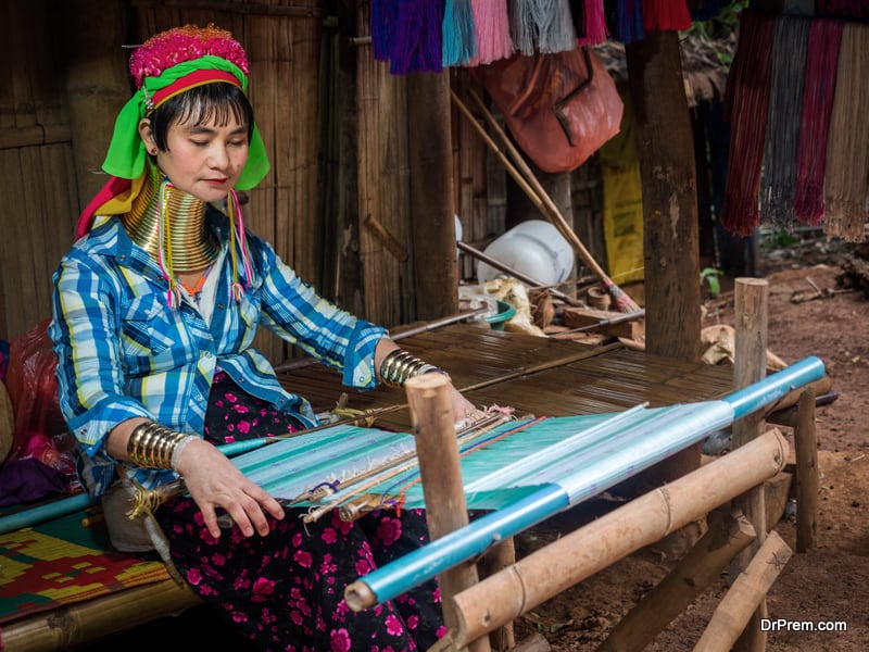 Karen Long Neck Woman Weaving a Shawl in a Traditional Hill Tribe Village Near Chiang Mai, Thailand