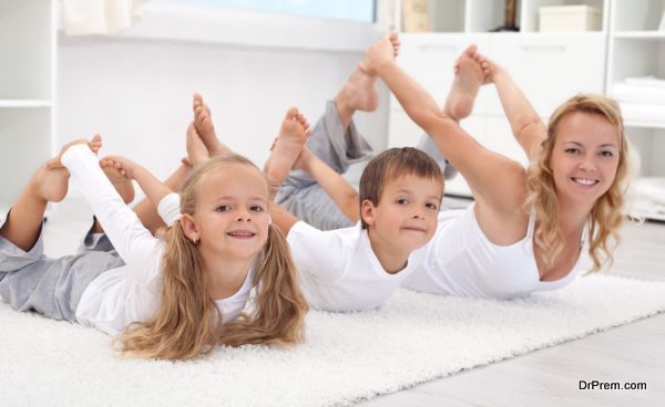 Family doing stretching exercises at home