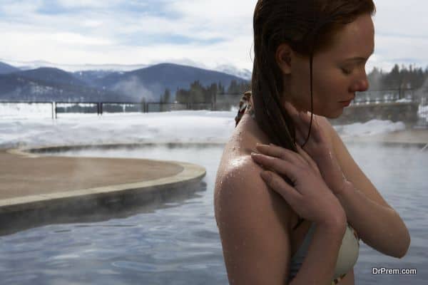 Young woman in hot springs, close-up