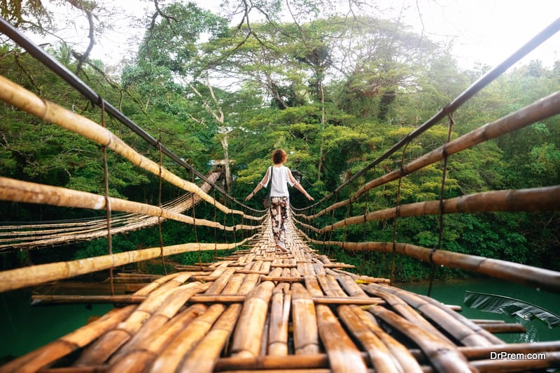 Back view of young woman on suspension wooden bamboo bridge across Loboc river in jungle. Vacation on tropical island. Bohol, Philippines