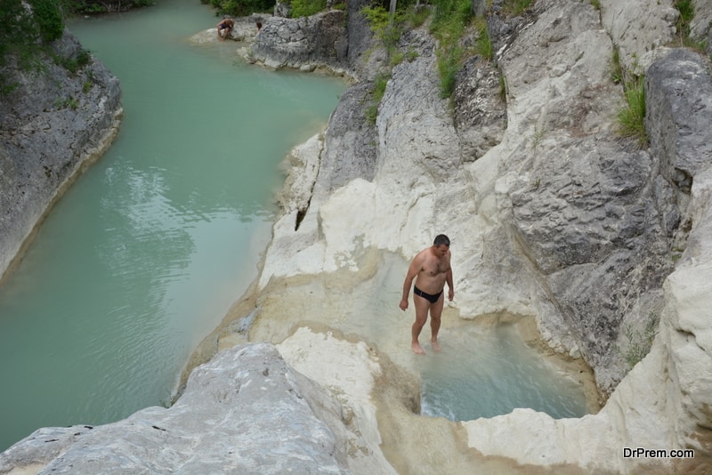 People swimming and bathing in River Mirna in Istria, Croatia for health reasons