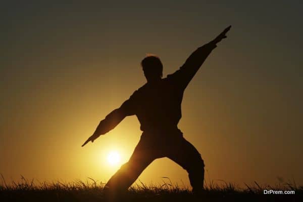 Silhouette of man with extended arms in a fighting stance on a g