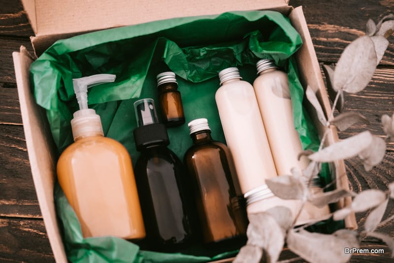 Beauty box with bottles of natural cosmetics